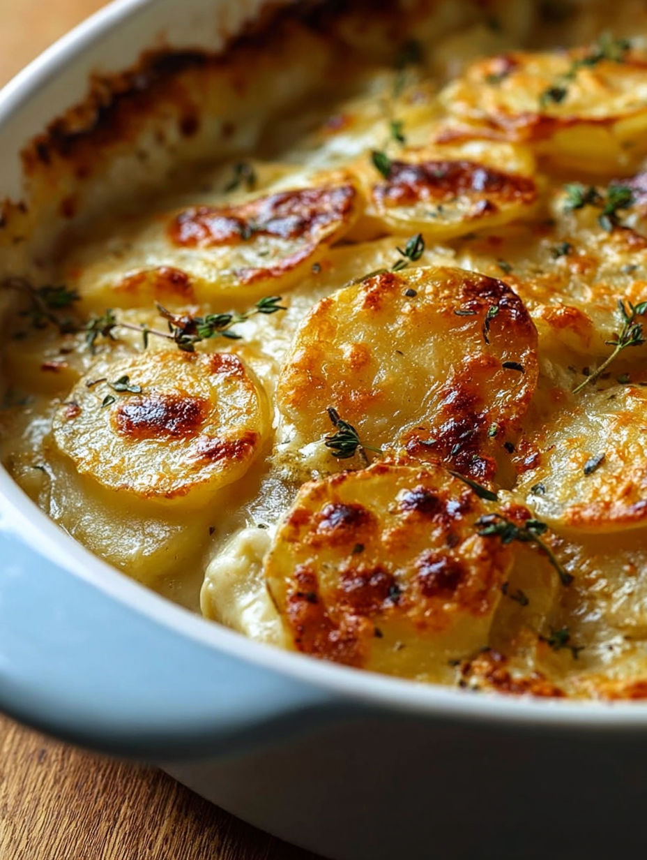 A dish of scalloped potatoes in a white bowl.