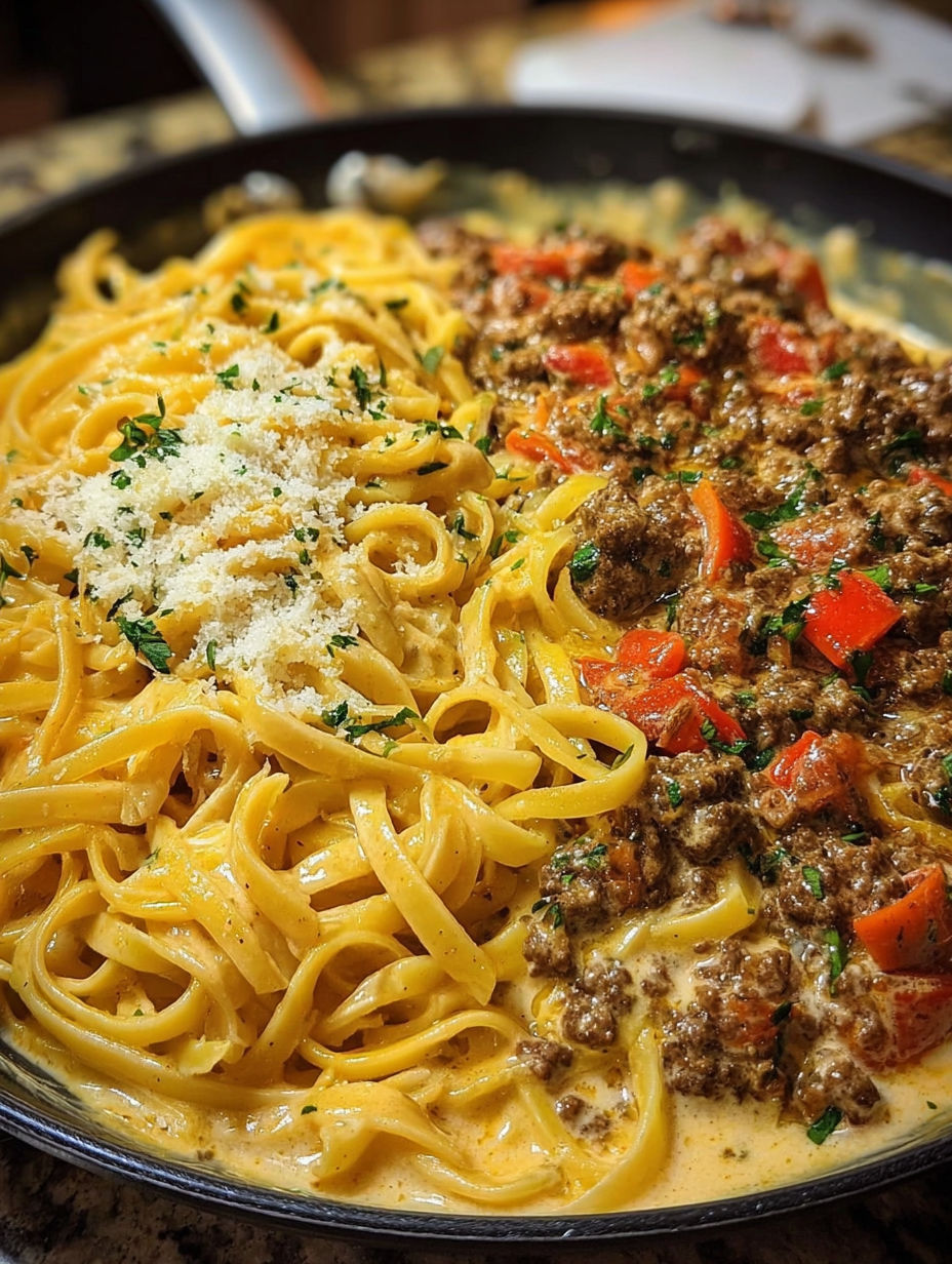 A dish of Cajun beef linguine in creamy velveeta parmesan garlic sauce.