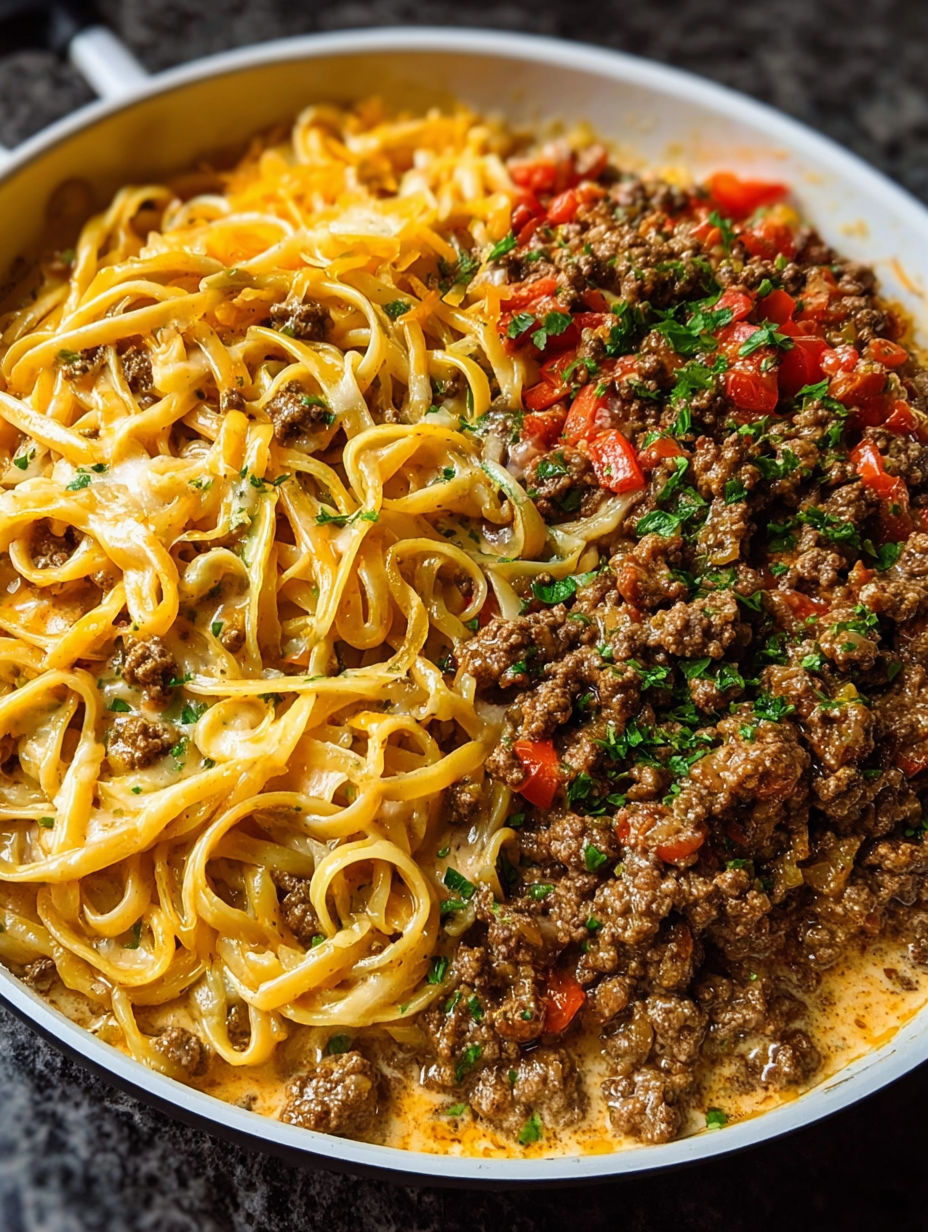 A bowl of Cajun beef linguine in creamy velveeta parmesan garlic sauce.