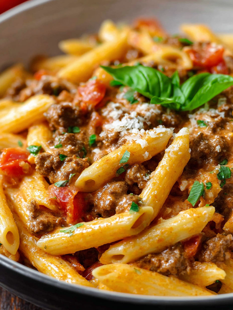 A delicious pasta dish with meat and tomatoes.