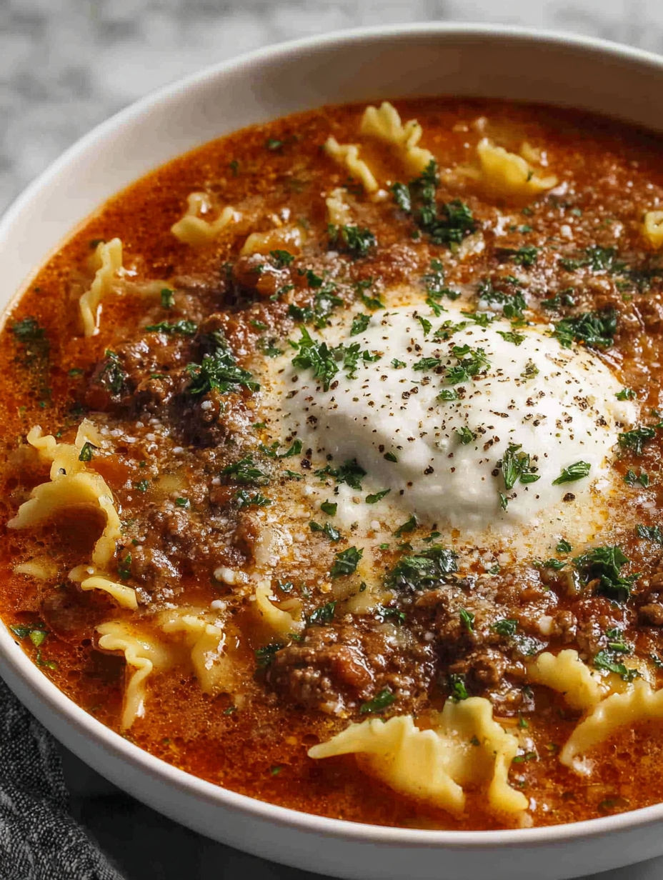 A close up of a delicious one pot lasagna soup.