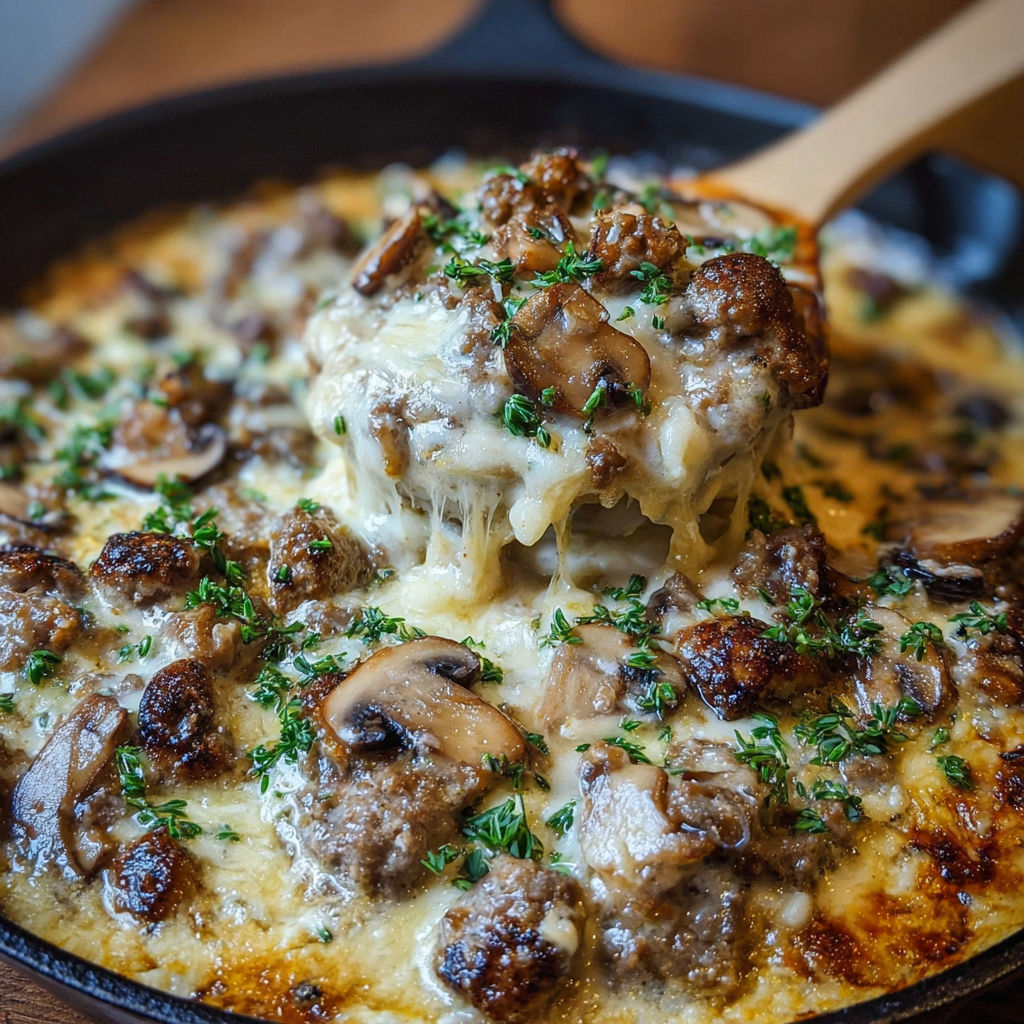 A close up of a creamy beef mushroom bake.