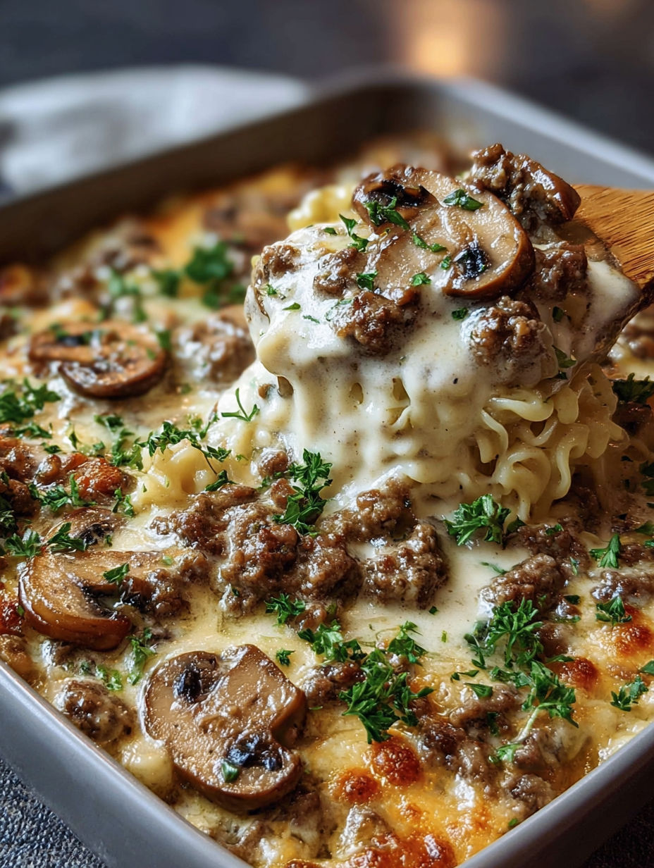 A close up of a creamy beef mushroom bake.