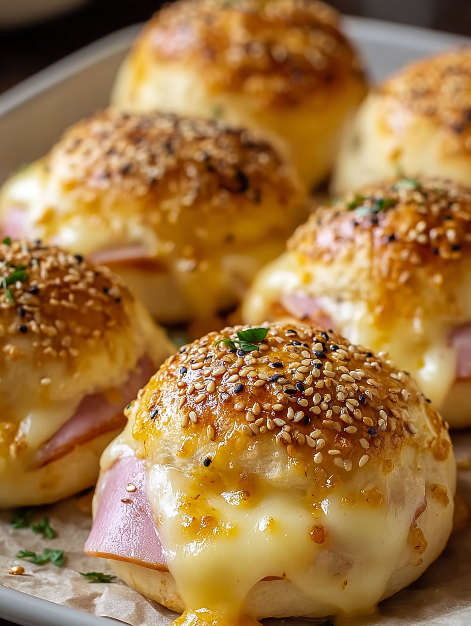 A plate of honey mustard ham and cheese bombs.