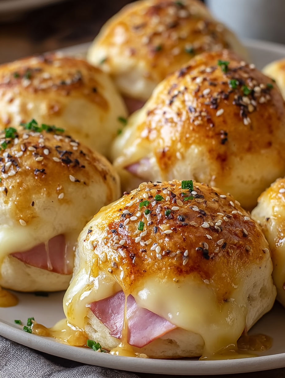 A plate of honey mustard ham and cheese bombs.