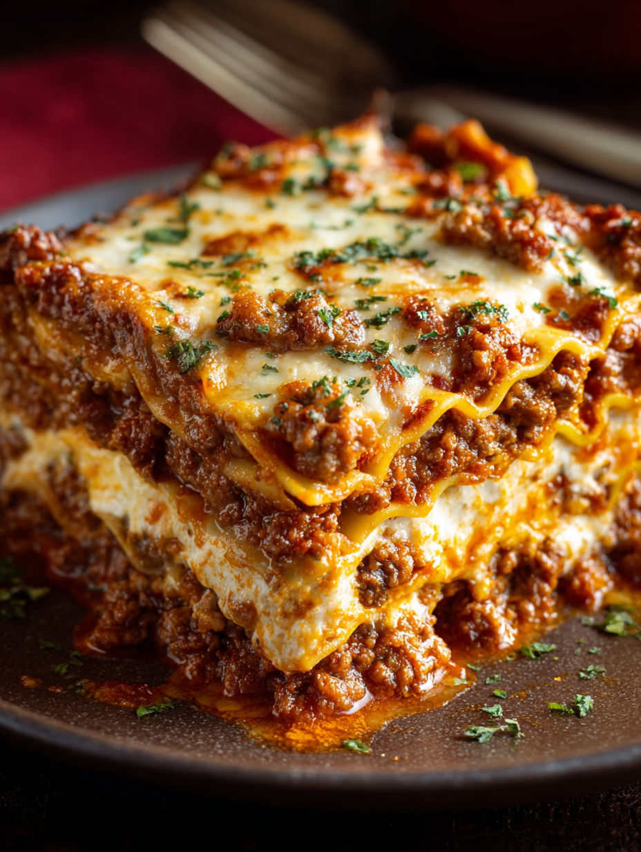A delicious lasagna dish with a rich red sauce.