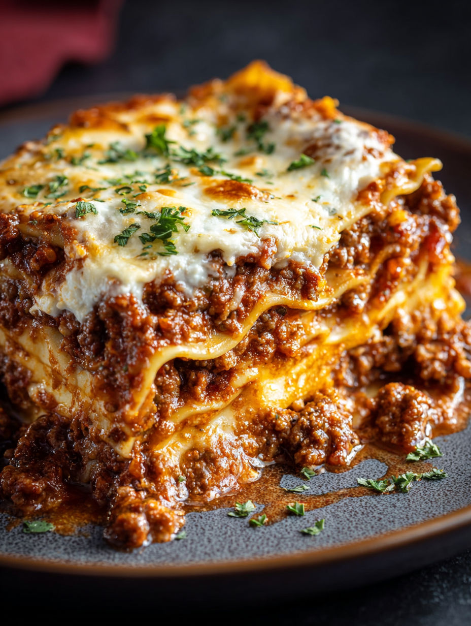 A delicious lasagna dish with meat and cheese.