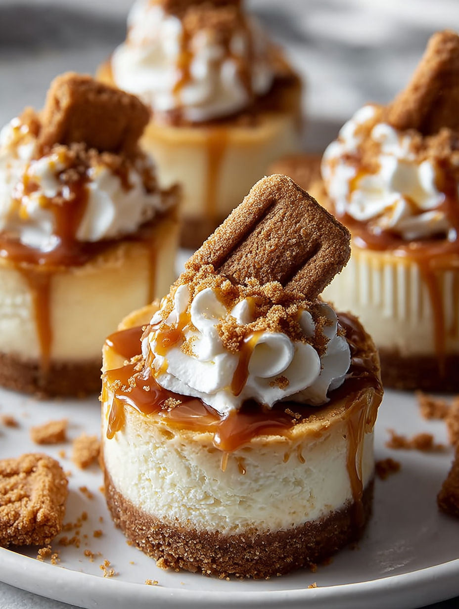 A close up of a mini biscoff cheesecake with a cookie sticking out of it.