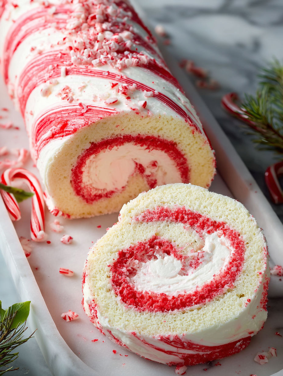 A candy cane roll with white frosting and red stripes.
