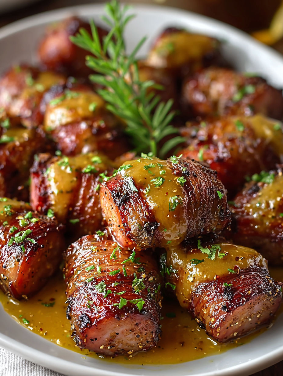 A plate of delicious hasselback beef bites with mustard.