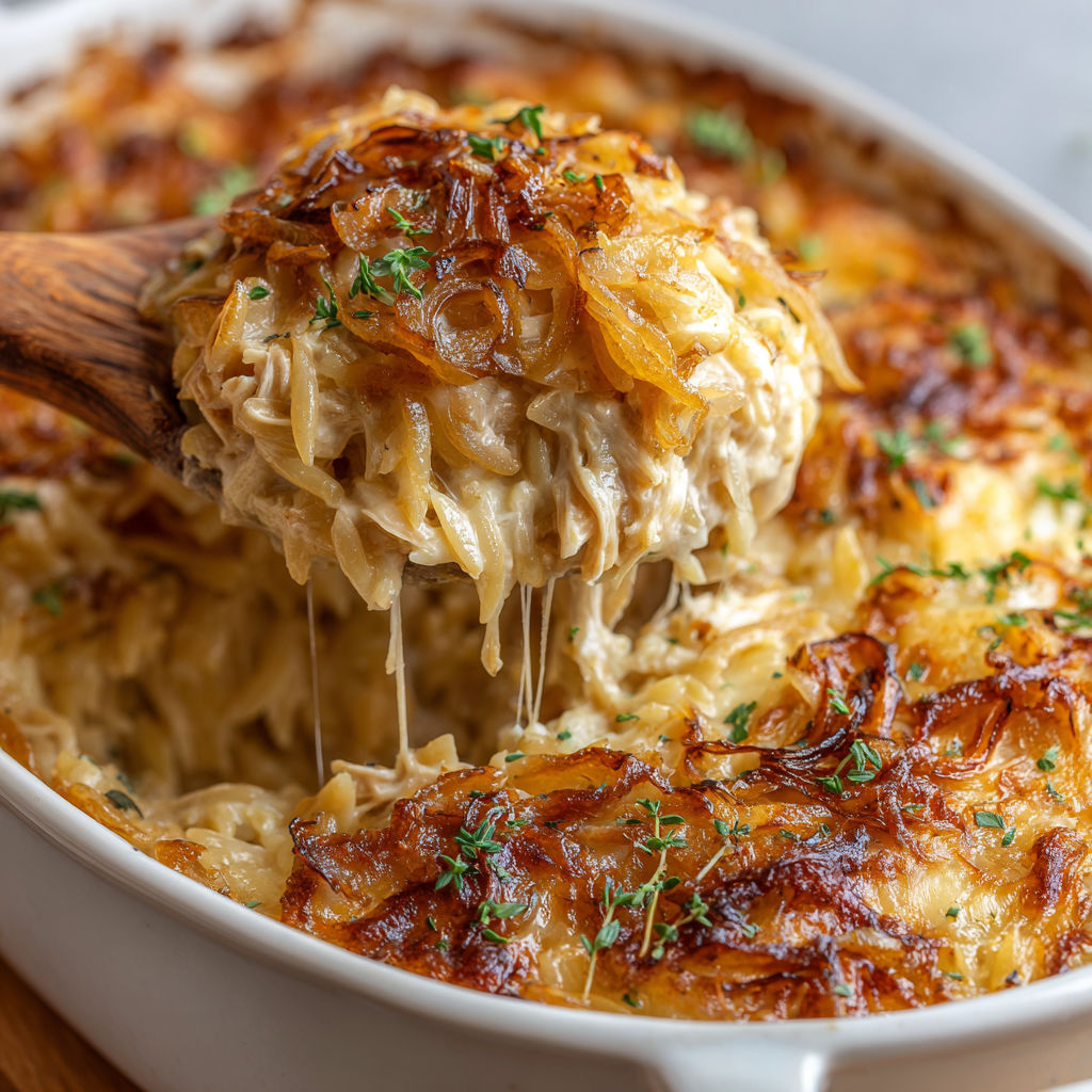 A close up of a French Onion Chicken Orzo Casserole.