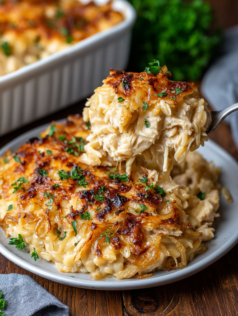 A close up of a French Onion Chicken Orzo Casserole.