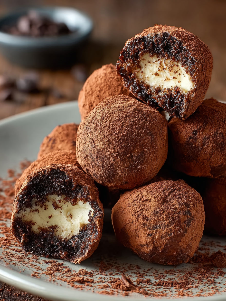 A stack of chocolate truffles with a bite taken out of one.