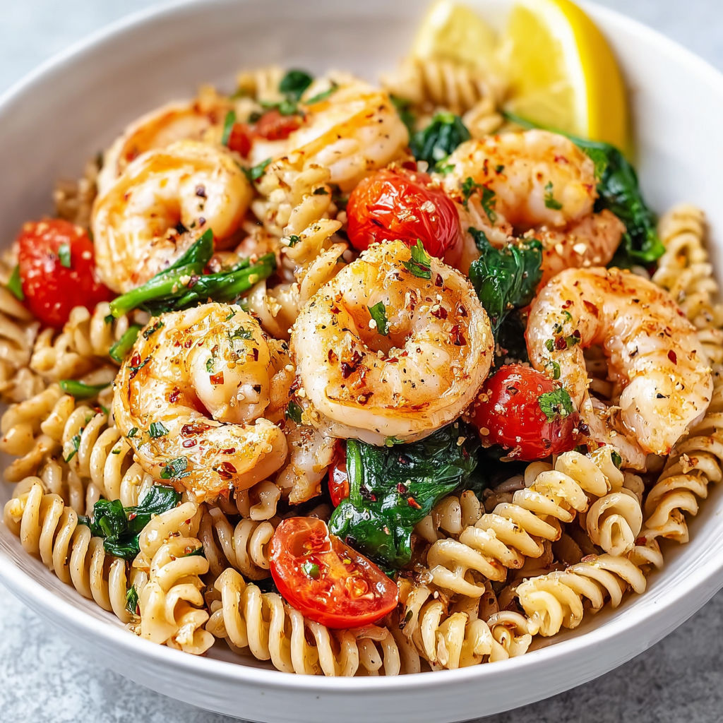 A bowl of shrimp and pasta with a lemon wedge on top.
