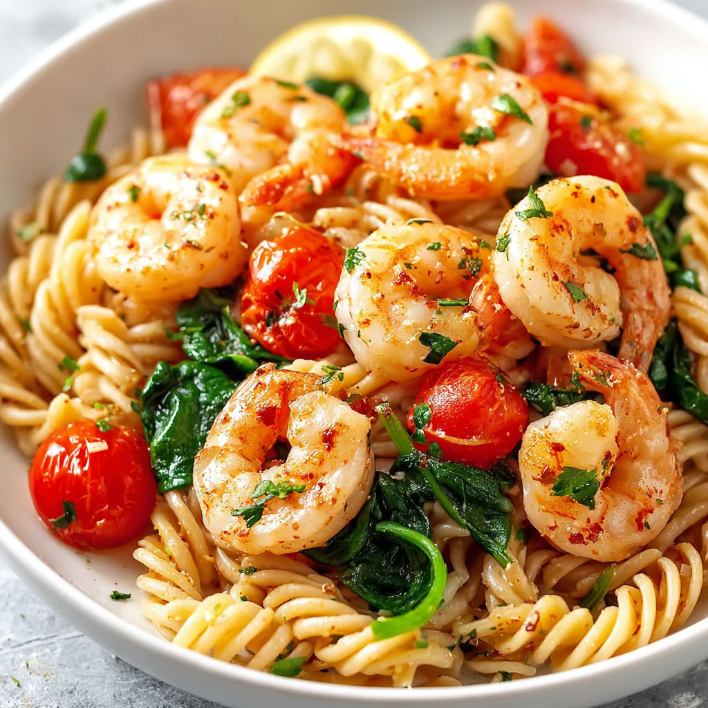 A bowl of shrimp and pasta.