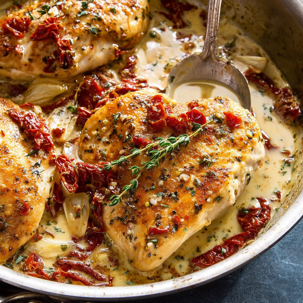 A pan of chicken with red peppers and herbs.