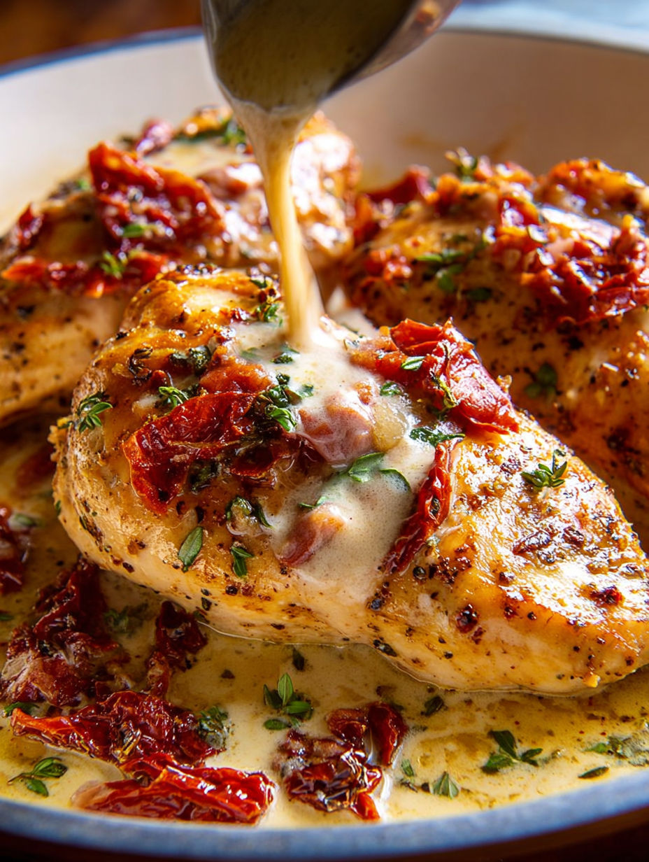 A piece of chicken with sauce on it.