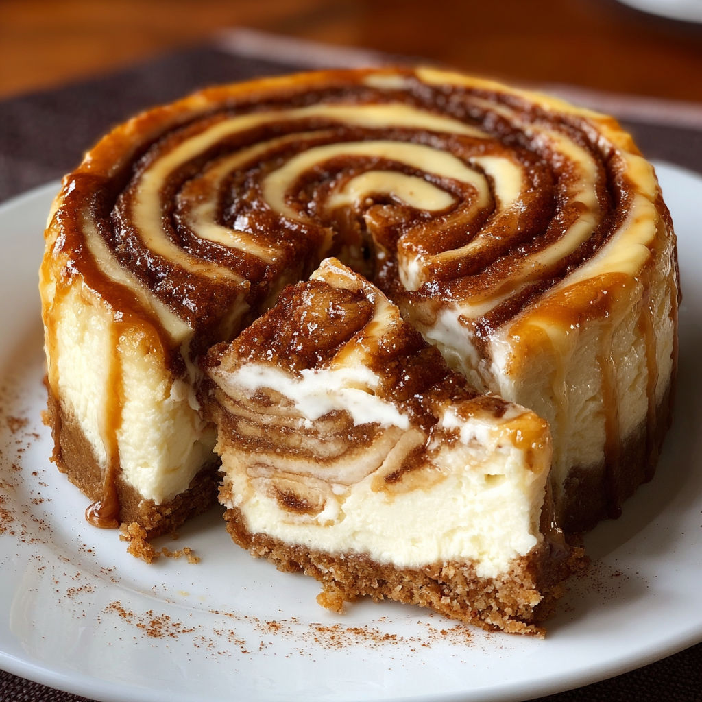A slice of cinnamon roll cheesecake on a plate.