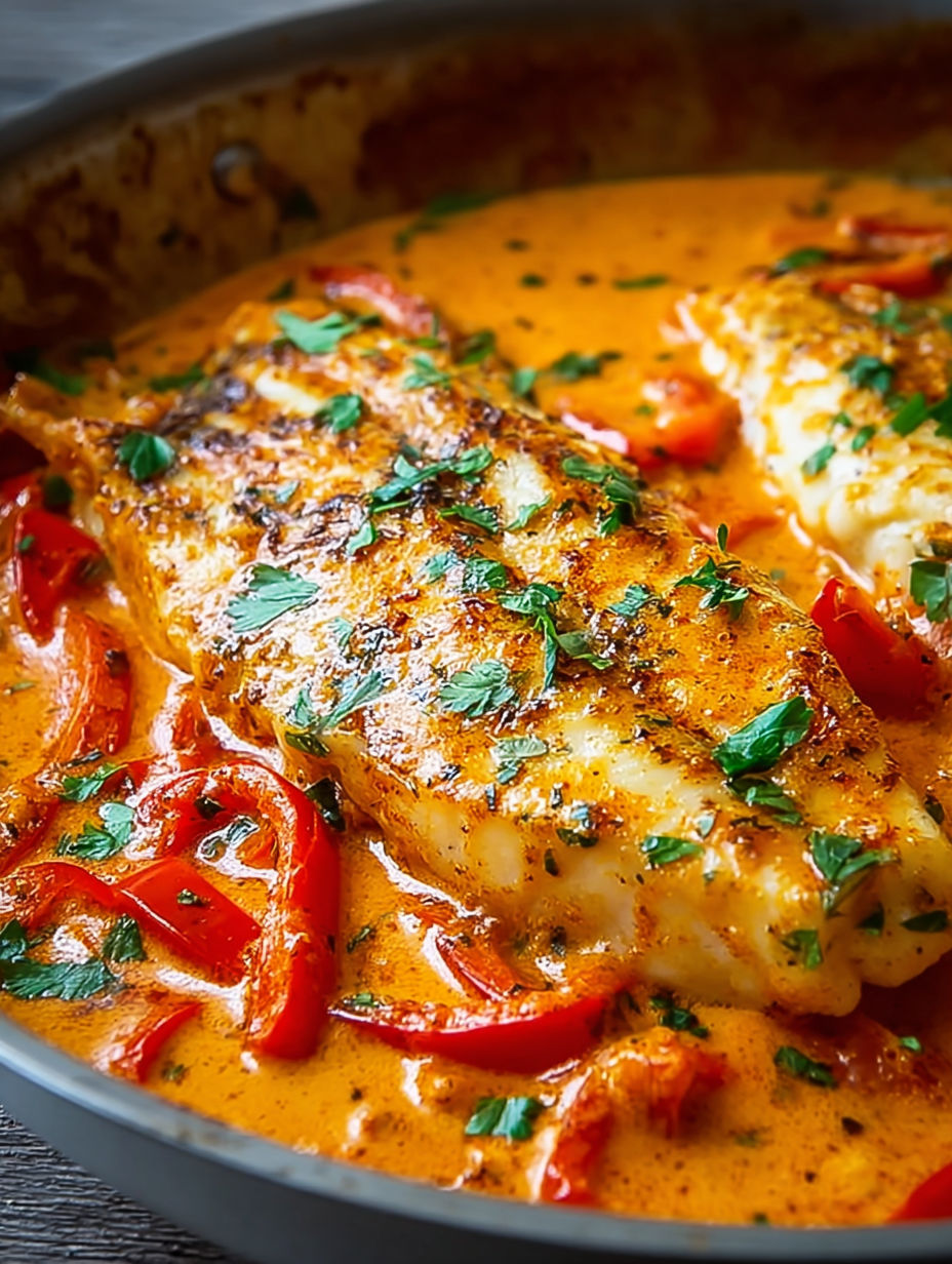 A fork-tender bite of Tilapia in Roasted Pepper Sauce.