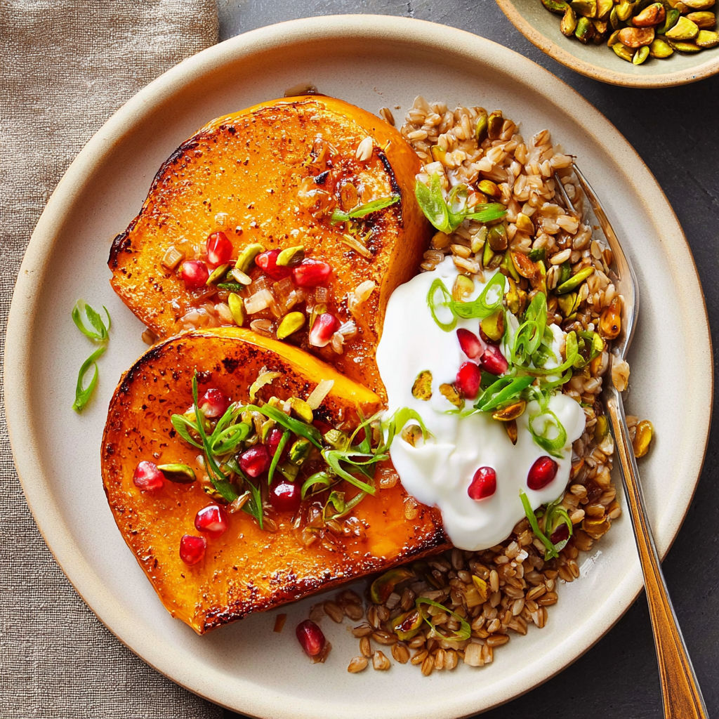 A plate of food with butternut squash steaks and rice.