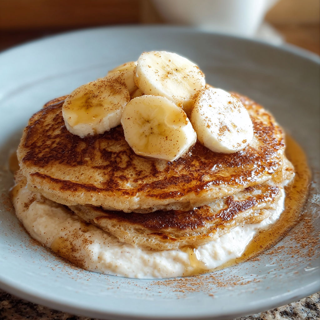 A stack of banana cinnamon yogurt pancakes.