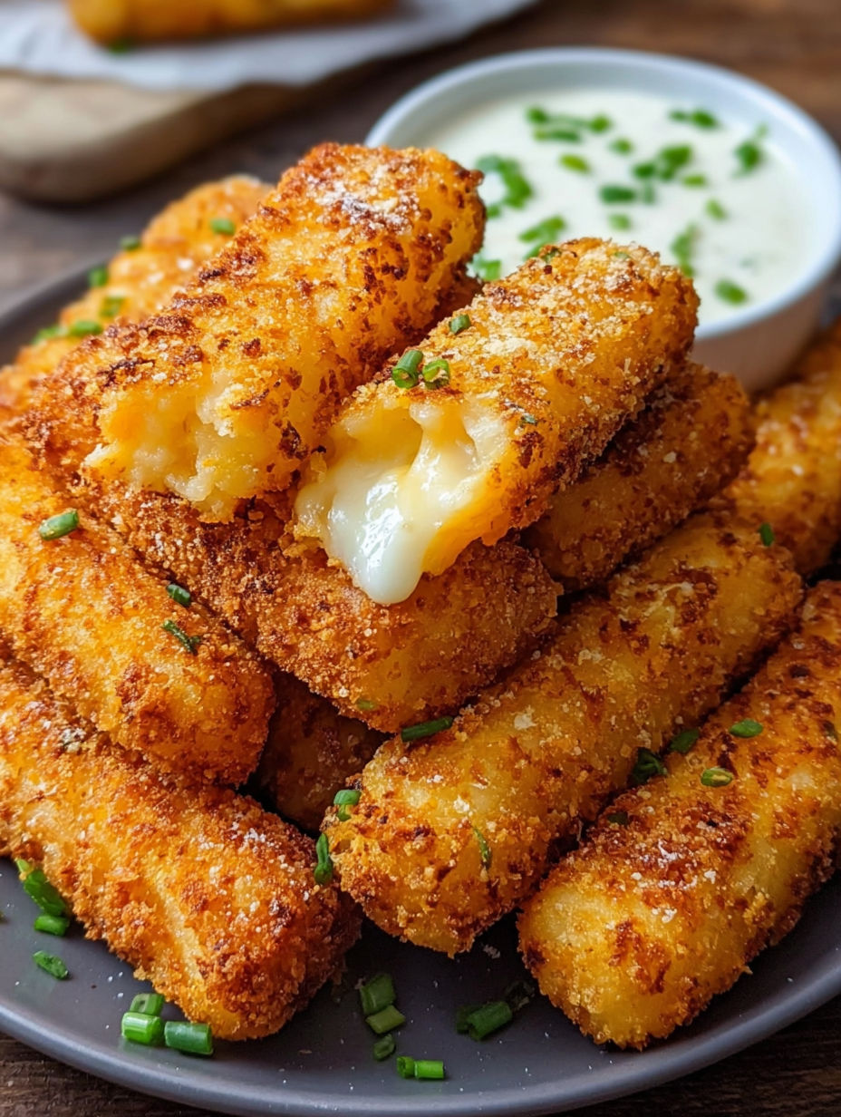 A plate of crispy potato cheese sticks.