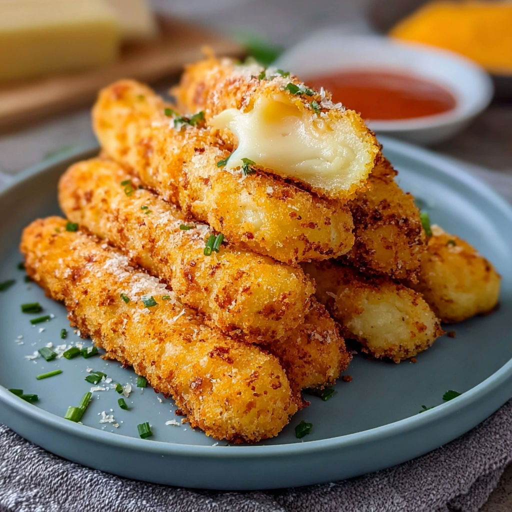 A plate of crispy potato cheese sticks.