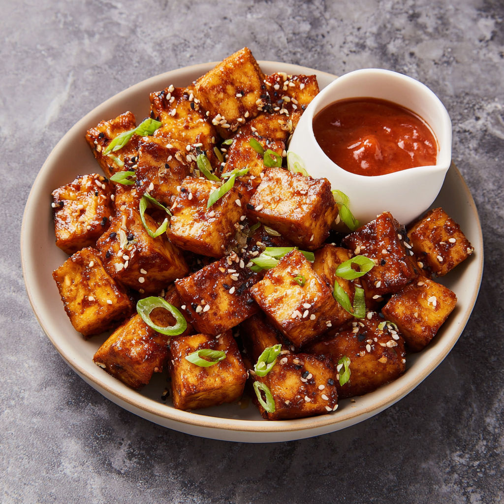 A bowl of tofu cubes with a dipping sauce.