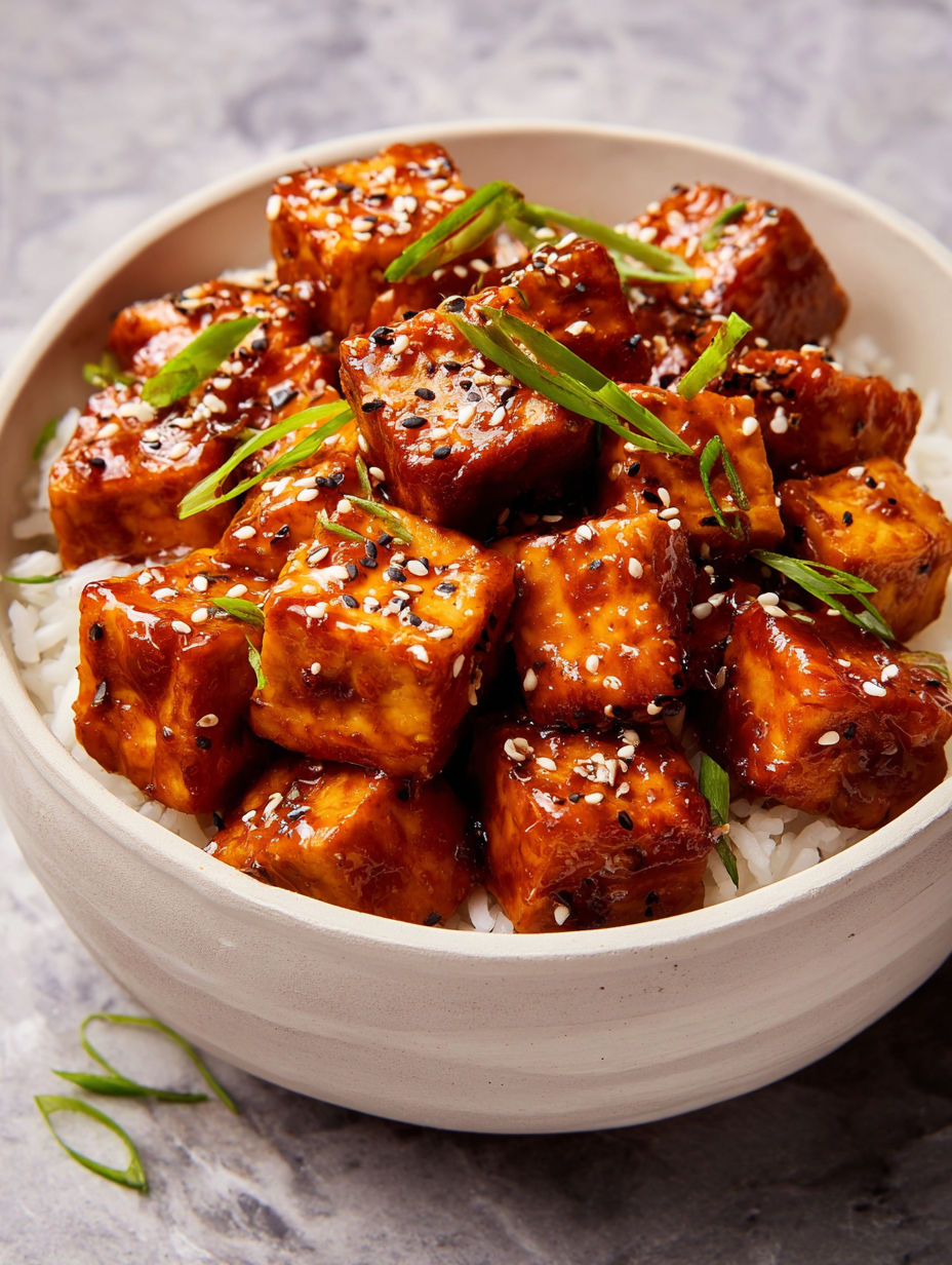 A bowl of tofu cubes with rice.