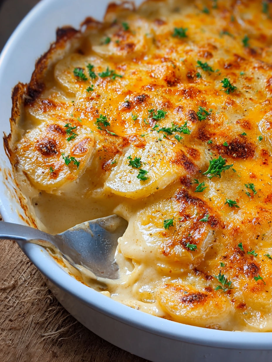 A dish of scalloped potatoes with cheese.
