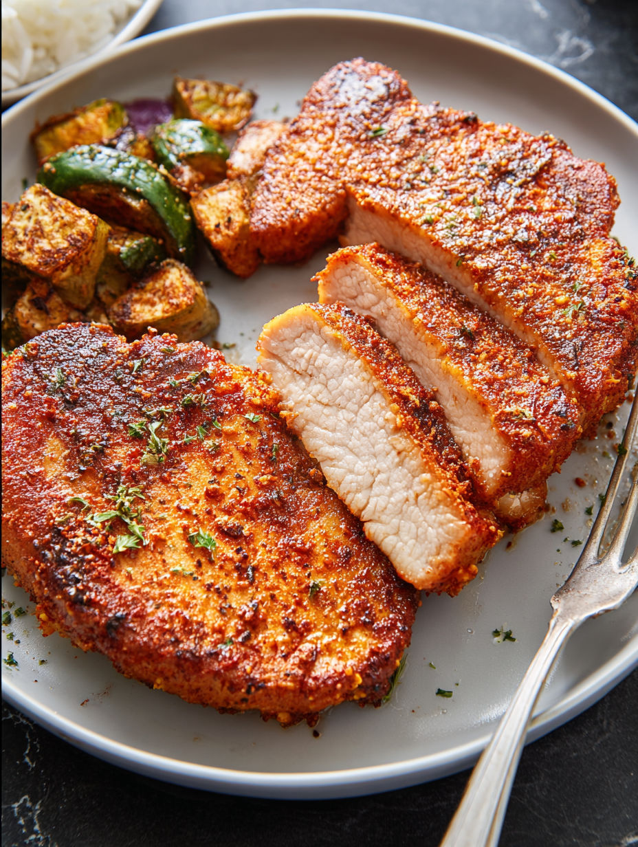 Air fryer pork chops with a side of vegetables.