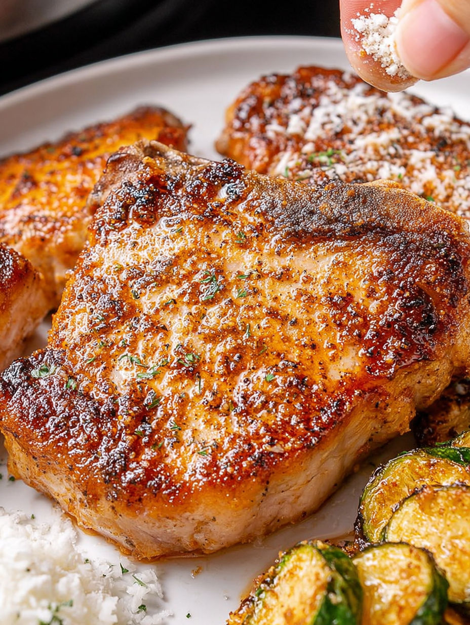 Air fryer pork chops on a plate.