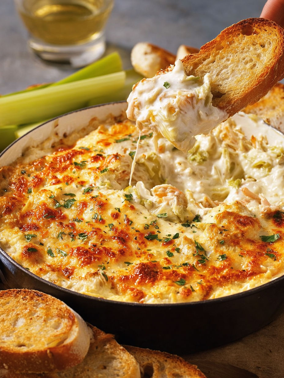 A close up of a crab artichoke dip.