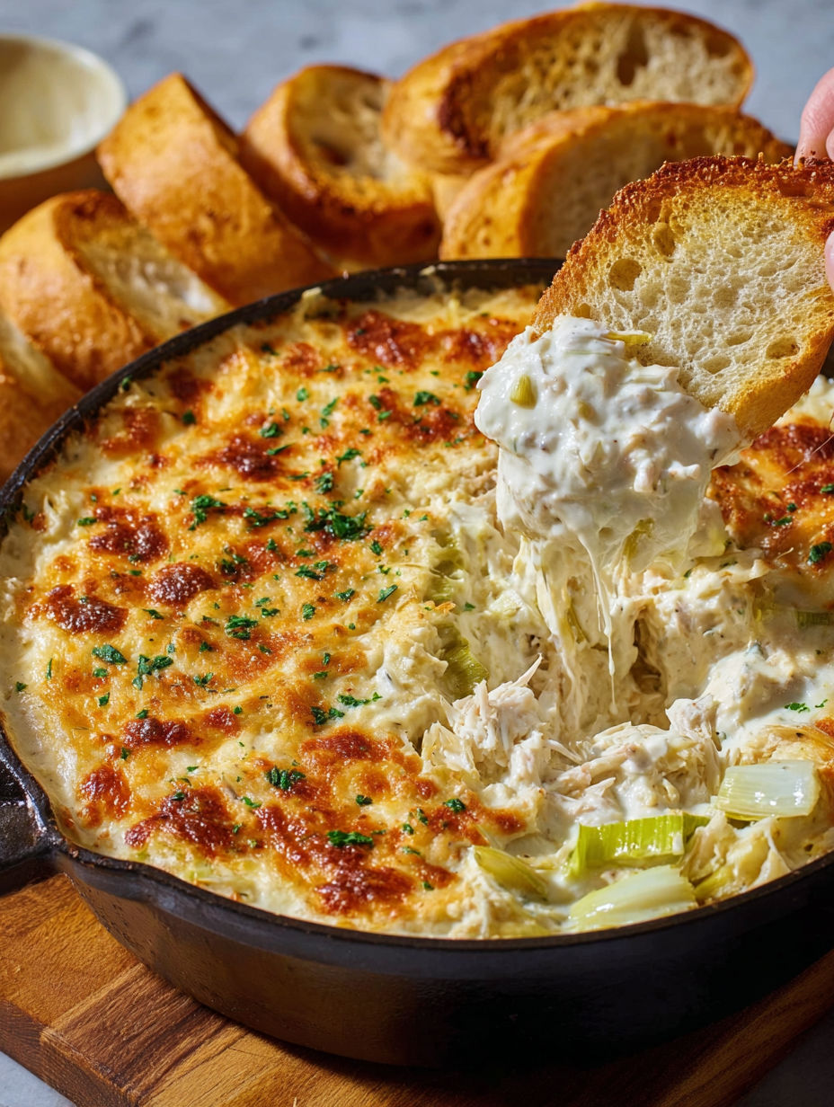 A person is scooping crab artichoke dip from a pan.