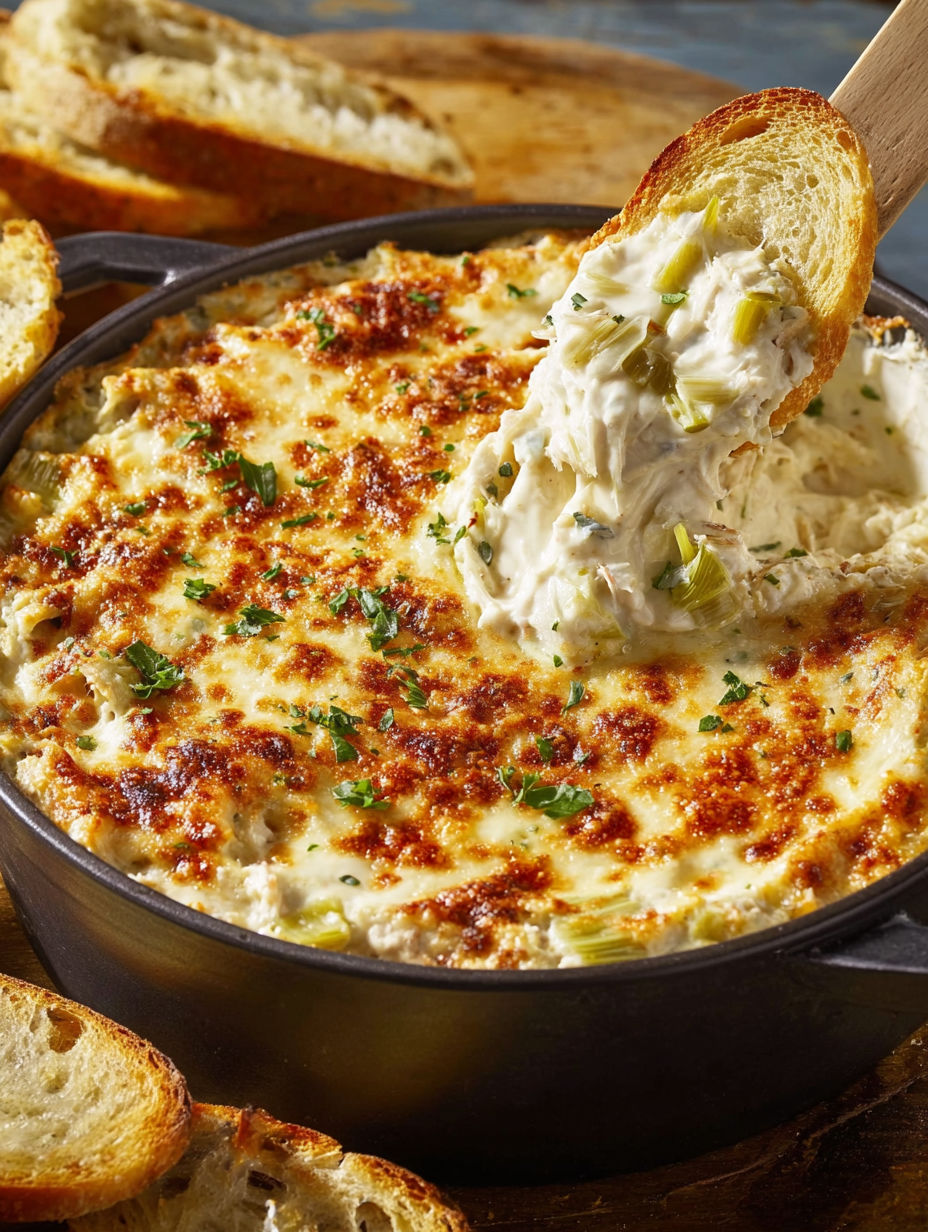 A close up of a crab artichoke dip with a spoon in it.