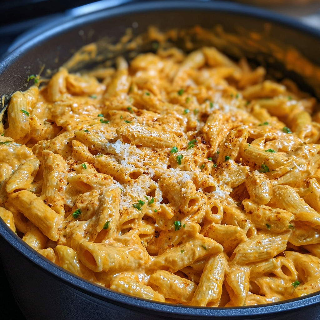 A one-pot creamy spicy buffalo chicken pasta dish.
