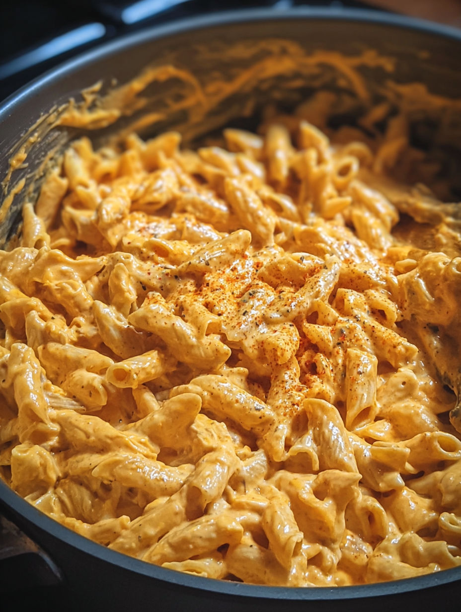 A bowl of creamy spicy buffalo chicken pasta.