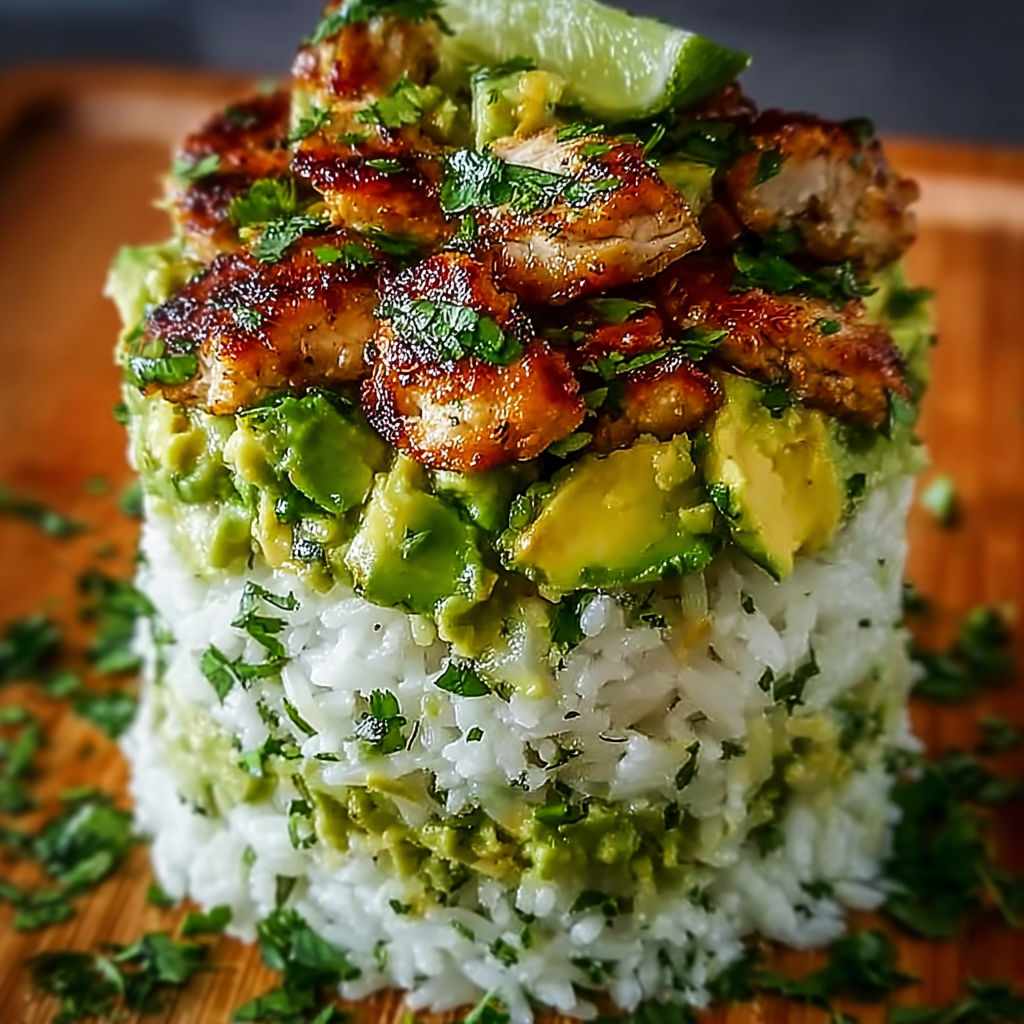 A stack of rice with chicken and avocado on top.