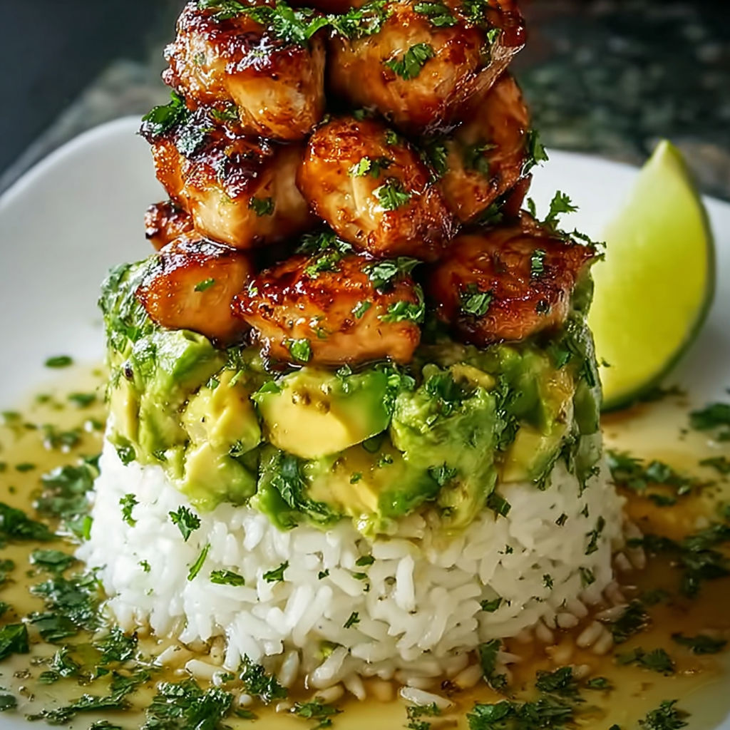 A stack of chicken, avocado, and rice.