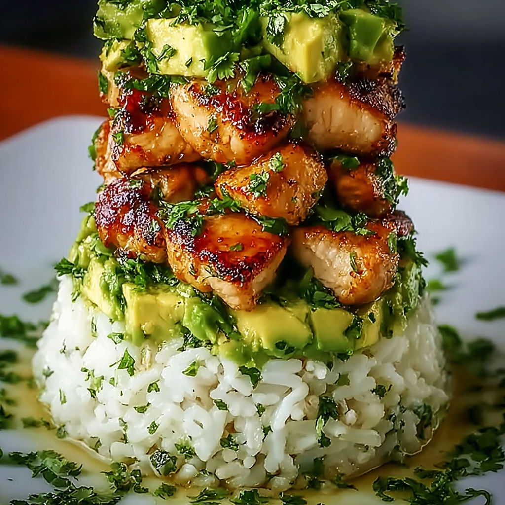 A stack of rice with chicken and avocado on top.