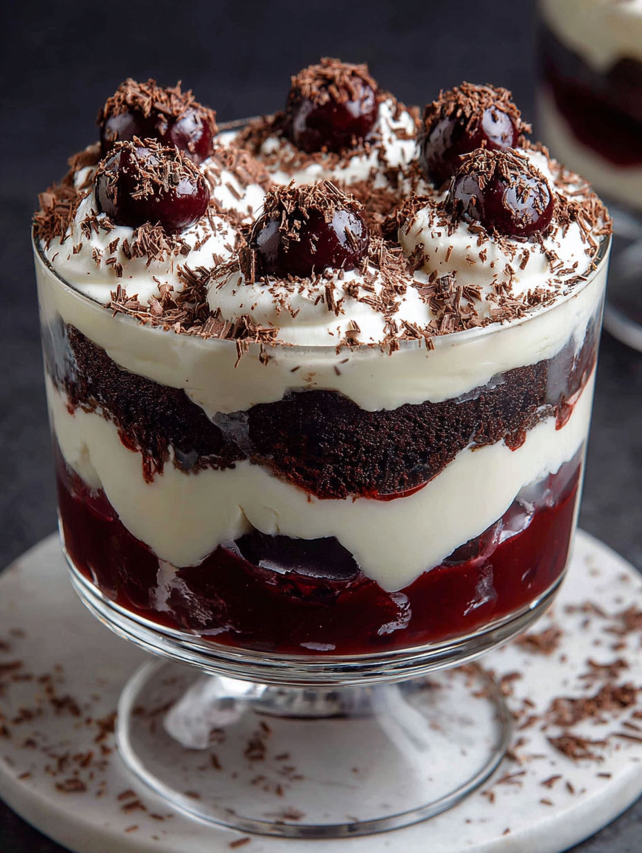 A close up of a Black Forest Trifle for Christmas.