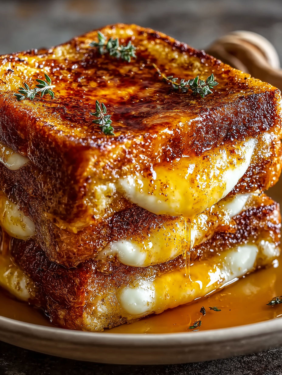 A stack of French toast with cheese and a sprig of parsley on top.