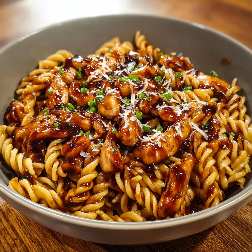 A bowl of BBQ chicken pasta.