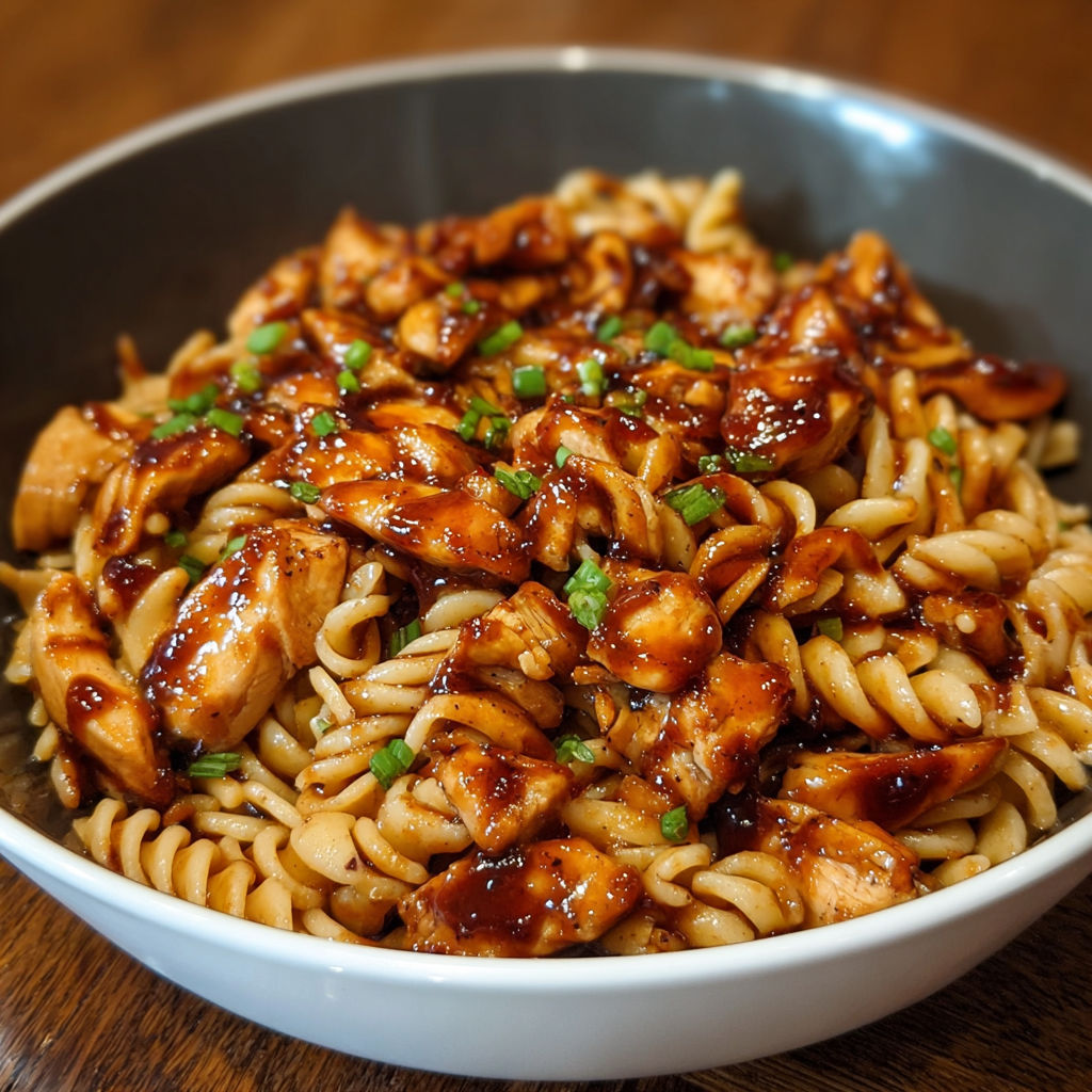 A bowl of BBQ chicken and pasta.