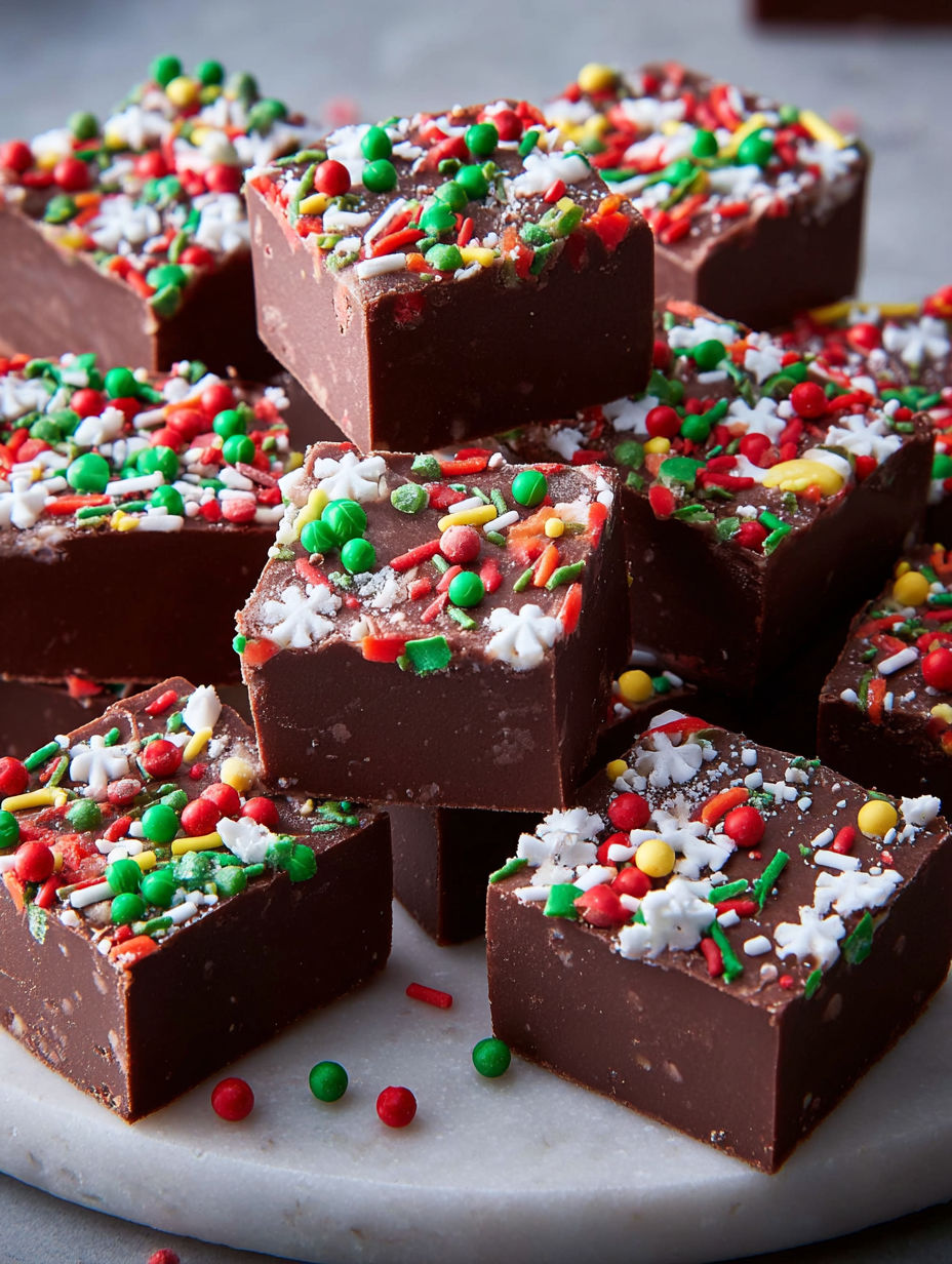 A plate of Christmas fudge with sprinkles.
