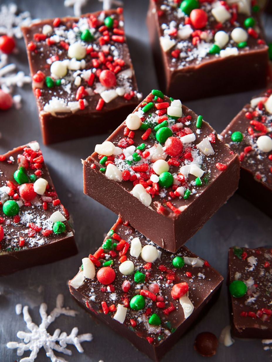 A close up of a piece of chocolate fudge with white and red sprinkles.
