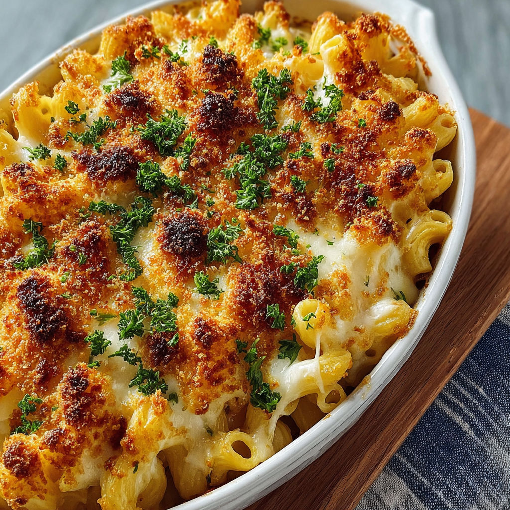 A baked macaroni and cheese dish.
