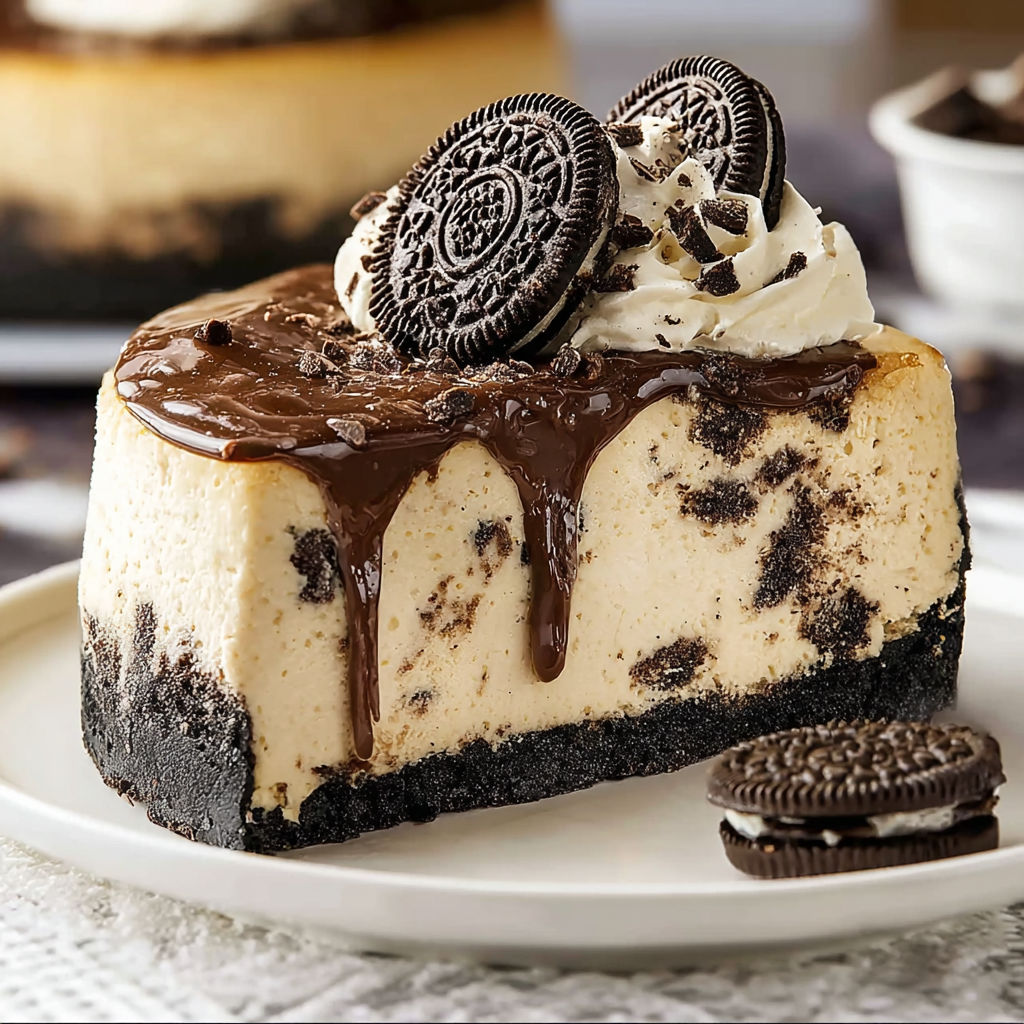 A slice of Oreo cheesecake with chocolate drizzle.