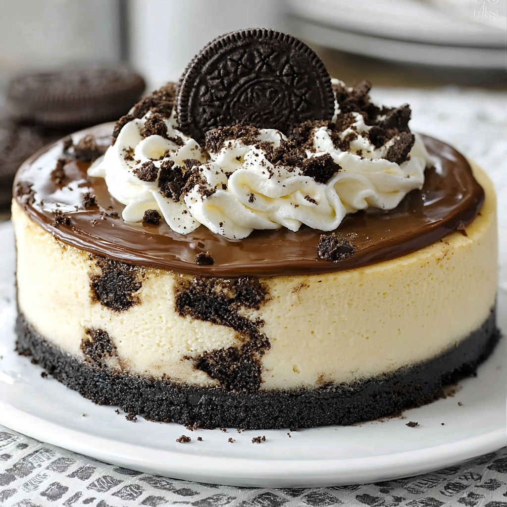 A slice of Oreo cheesecake with chocolate drizzle.