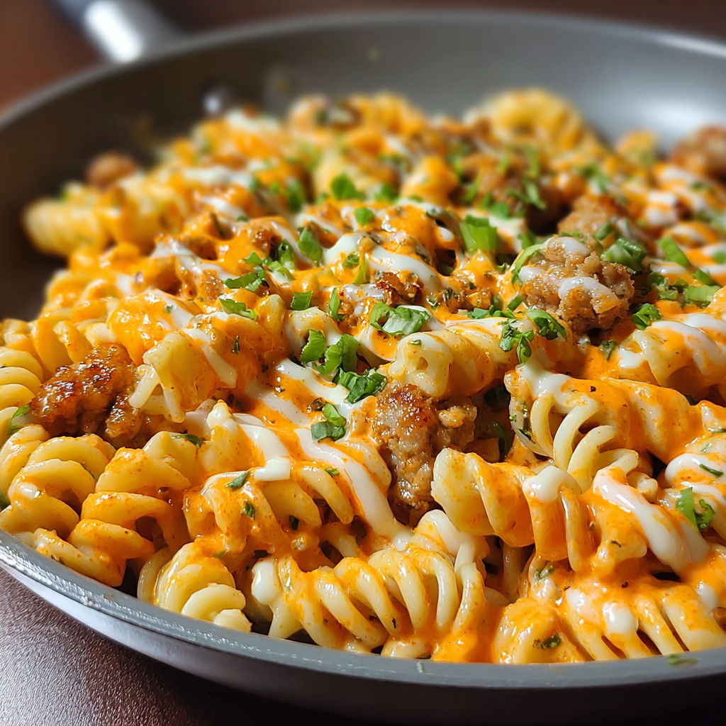 A pan of creamy buffalo ranch sausage rotini.